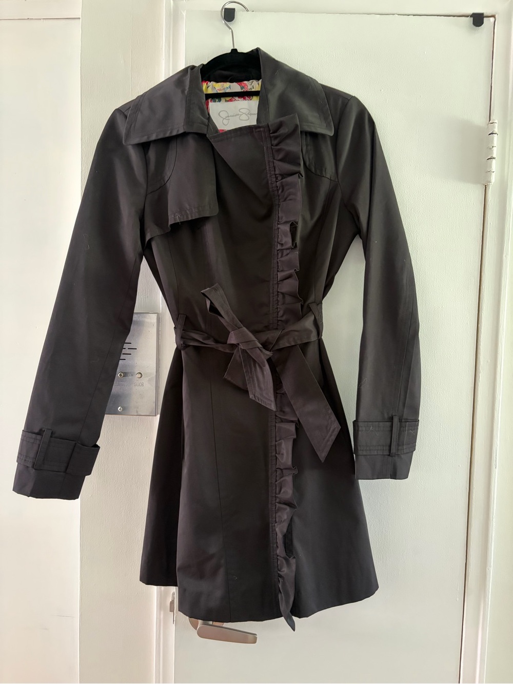 Jessica Simpson Black Ruffle-Trim Trench Coat